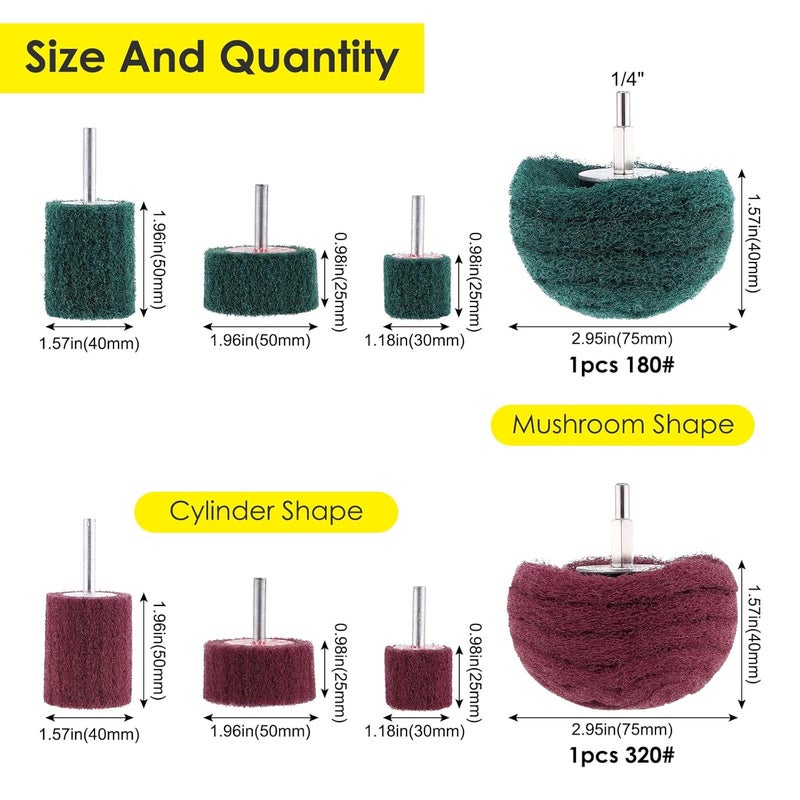 HighFree 8PCS Non Woven Abrasive Buffing Polishing Wheel Drill Attachment Set, Abrasive Wheel with 1/4" Shank, 320 Grit for Polishing, 180 Grit for Scrubbing - Image 2